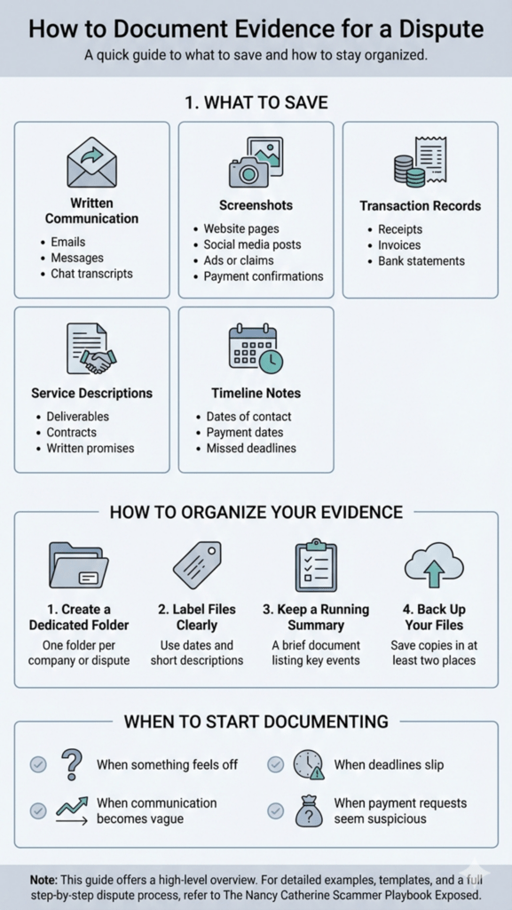 Infographic explaining how to document evidence for a dispute, including what to save (emails, messages, screenshots, receipts, contracts), how to organize files, and when to begin documenting suspicious interactions.