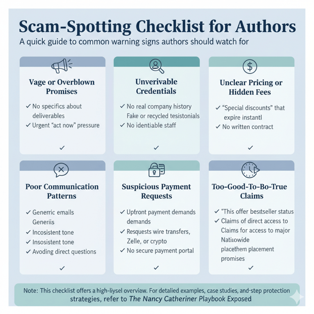 Infographic listing scam‑spotting red flags for authors, including vague promises, unverifiable credentials, unclear pricing or hidden fees, poor communication patterns, suspicious payment requests such as wire transfers or crypto, and too‑good‑to‑be‑true claims like guaranteed bestseller status or major publisher access.