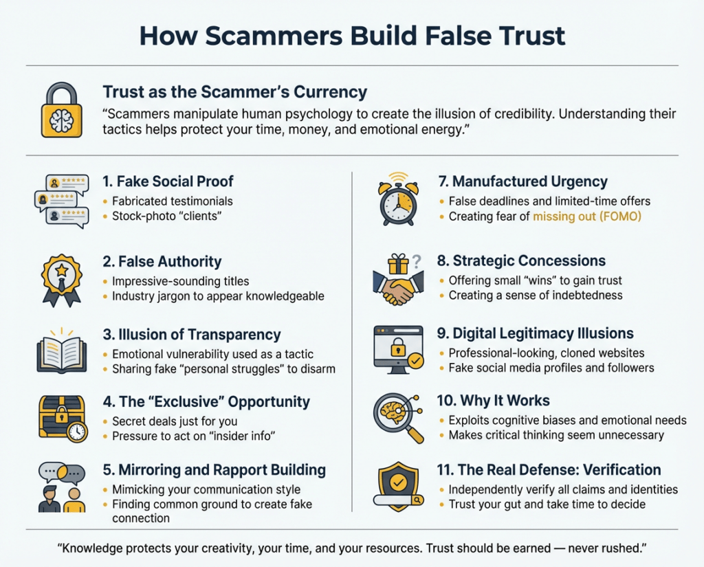 How Scammers build false trust infographic