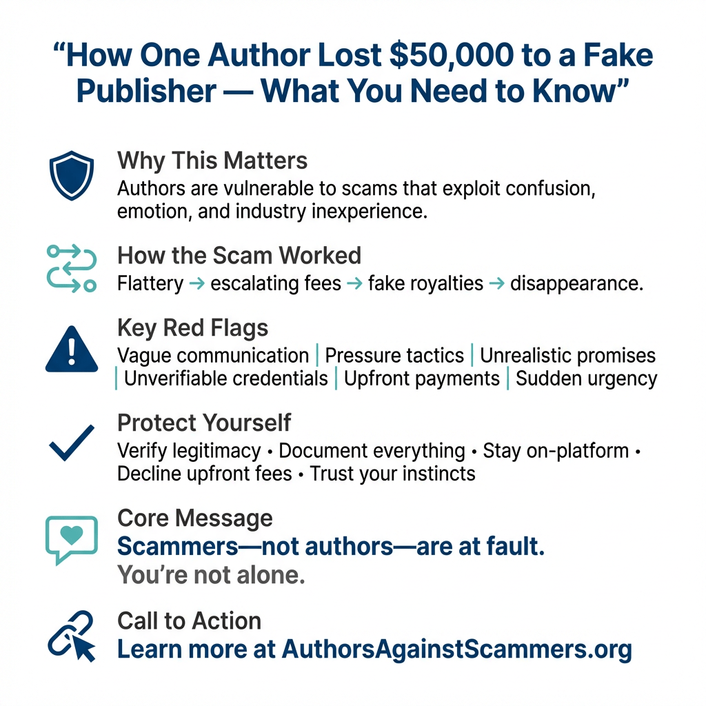 Infographic titled "How One Author Lost $50K to a Fake Publisher – What You Need to Know," created by Authors Against Scammers. Features a bold headline in large white text on a dark blue background. Shield icon labeled "Why This Matters": Scams exploit confusion, emotions, and vulnerabilities in the author industry. Circular arrow icon labeled "How the Scam Worked": Flattery → escalating fees → fake royalties → disappearance. Alert triangle icon labeled "Key Red Flags" with bullet points: Pressure tactics, Unrealistic promises, Vague credentials, Upfront payments, Sudden urgency. Checkmark icon labeled "Protect Yourself" with bullet points: Decline upfront fees, Trust your instincts, Stay on-platform. Central circle labeled "Core Message": Scammers—not authors—are at fault. You're not alone. Footer with circular arrow icon: "Learn more at AuthorsAgainstScammers.org." Color scheme: Blue tones with white text, colorful icons (blue shield, green arrows, yellow alert, green checkmark, purple core circle).