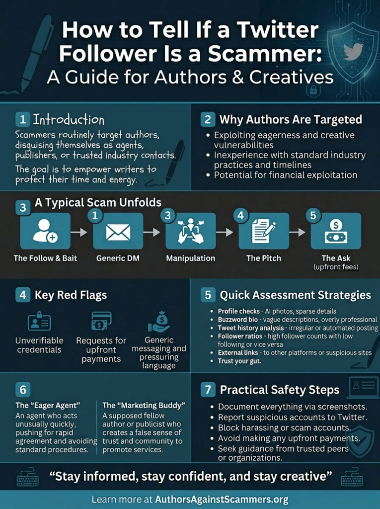 Infographic explaining how authors and creatives can identify scam accounts on Twitter. Includes sections on why authors are targeted, how scams unfold, key red flags, quick assessment strategies, common scammer personas, and practical safety steps. Designed in a clean, professional style with cybersecurity‑themed visuals.