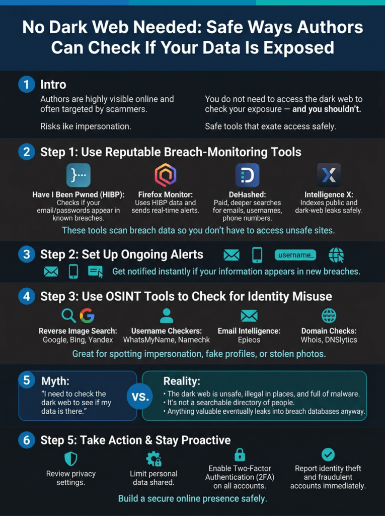 Infographic explaining safe, legal ways for authors to check if their personal data has been exposed without accessing the dark web. Includes steps for using breach‑monitoring tools, setting alerts, using OSINT methods, understanding dark‑web myths, and taking proactive security actions.