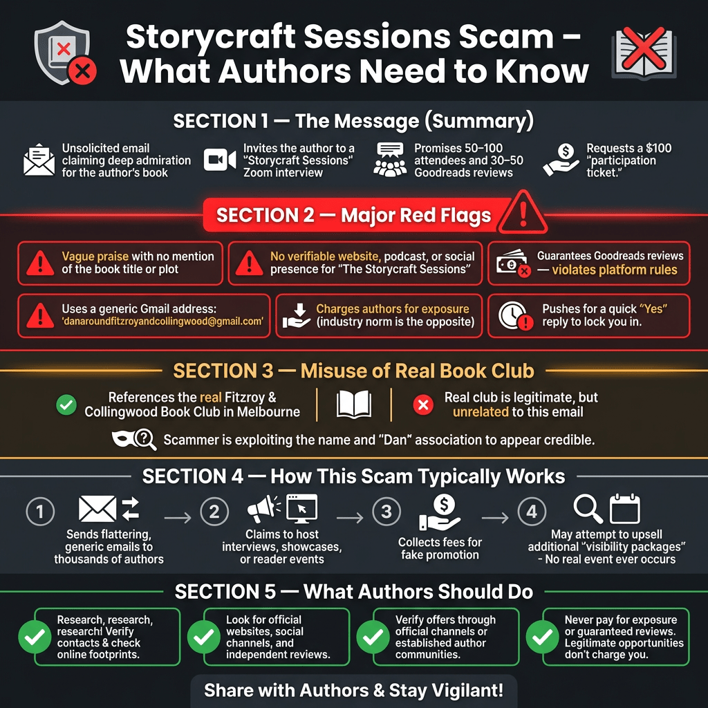 Infographic warning authors about the "Storycraft Sessions" podcast scam. Red "X" over the scam logo. Sections: (1) Summary of unsolicited email praising book, promoting $100 Zoom event with 30-50 Goodreads reviews. (2) Major red flags: vague praise, no website/social proof, Gmail sender (danaroundfitzroyandcollingwood@gmail.com), pay-to-play fees, review guarantees. (3) References real Fitzroy/Collingwood book club but scam misuses name. (4) How it works: fake outreach → interview pitch → collect fees → ghost. (5) What to do: research footprints, check reviews, never pay for exposure. Ends with "Share with authors & stay vigilant!" Color-coded with red alerts, green tips.
