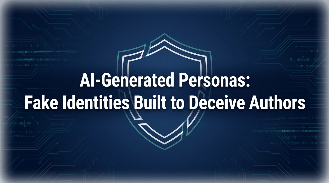 Graphic titled "AI-Generated Personas: Fake Identities Built to Deceive Authors." Dark navy cyber background with glowing teal angular shield and intricate circuit patterns. White text highlights AI scam risks for writers. Modern digital fraud awareness visual.