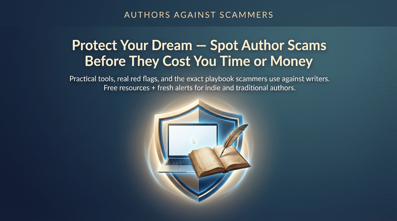 Promotional graphic titled "Authors Against Scammers: Protect Your Dream – Time or Money Scams." Dark blue background with gold accents. Central image: a protective shield enclosing a laptop, open book, and quill pen glowing white. Text overlays: "Practical tools, real red flags, exact playbook scammers use on writers. Free resources—fresh alerts for indie & traditional authors." Aimed at educating authors on scam prevention.