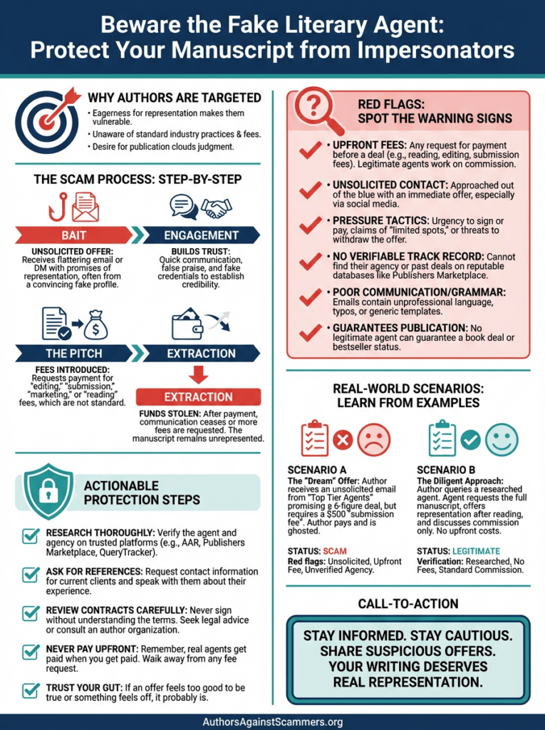 Colorful infographic titled "Beware the Fake Literary Agent: Protect Your Manuscript from Impersonators." Sections include: Why authors are targeted (eagerness, unawareness of industry practices); step-by-step scam process with icons (unsolicited email bait, building trust, introducing non-standard fees like editing/submission, extracting funds/manuscript); red flags checklist (upfront fees, unsolicited contact, pressure tactics, no verifiable track record, poor communication, guaranteed deals); real-world examples (scam Scenario A with red X: unsolicited top agent promise demanding $500; legit Scenario B with green check: researched agent, no upfront fees); actionable protection steps (research agents, ask references, review contracts, never pay upfront, trust gut); call-to-action box "Stay Informed. Stay Cautious. Share Suspicious Offers. Your Writing Deserves Real Representation." Footer: AuthorsAgainstScammers.org.