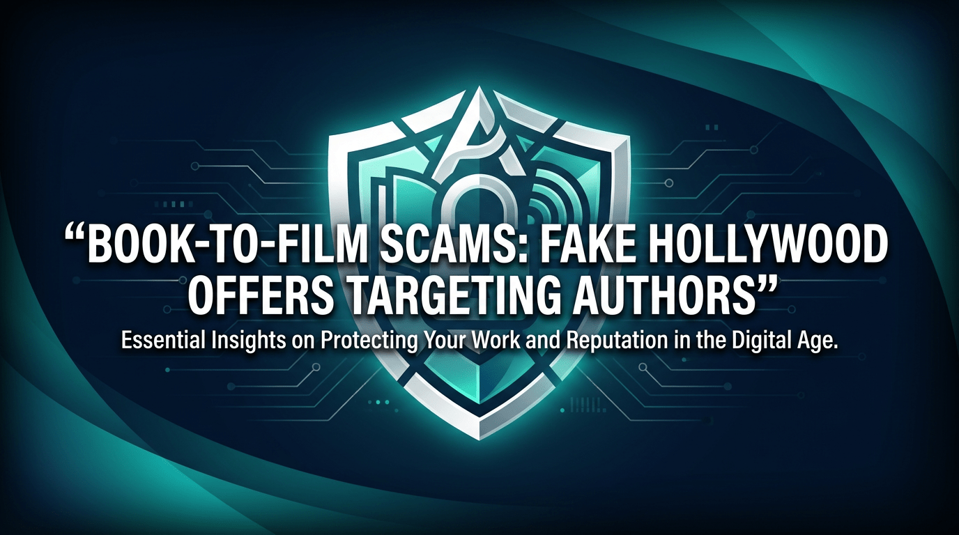 Promotional graphic titled "“Book-to-Film Scams: Fake Hollywood Offers Targeting Authors” – Essential Insights on Protecting Your Work and Reputation in the Digital Age." Dark blue cyber background with neon teal angular shield icon (book, film reel, signal waves) amid circuits. White text educates authors on film adaptation scams.