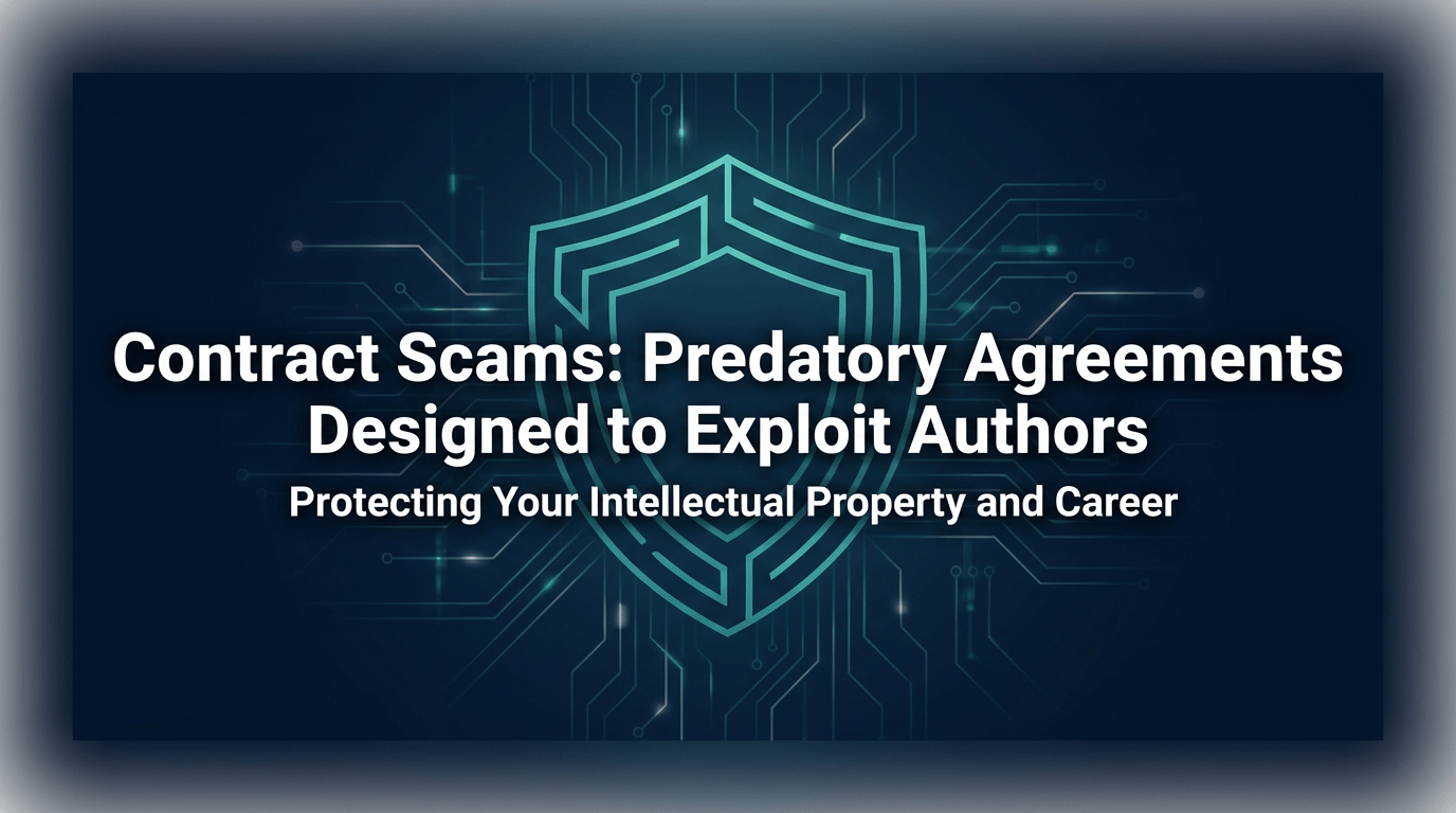Graphic titled "Contract Scams: Predatory Agreements Designed to Exploit Authors – Protecting Your Intellectual Property and Career." Dark navy cyber background with neon teal labyrinth shield amid glowing circuits. White text warns writers of bad contracts. Scam education visual.