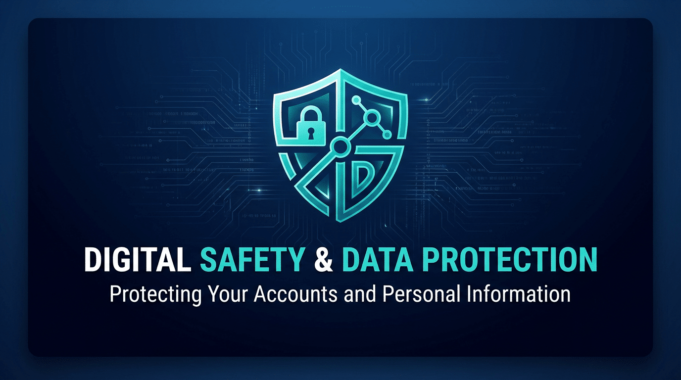 Infographic on "Digital Safety & Data Protection: Protecting Your Accounts and Personal Information." Dark blue cyber background with glowing teal shield containing a padlock, chain links, and "ID" symbol amid circuit patterns and code. White and cyan text emphasizes account security. Resource for authors guarding against digital threats.