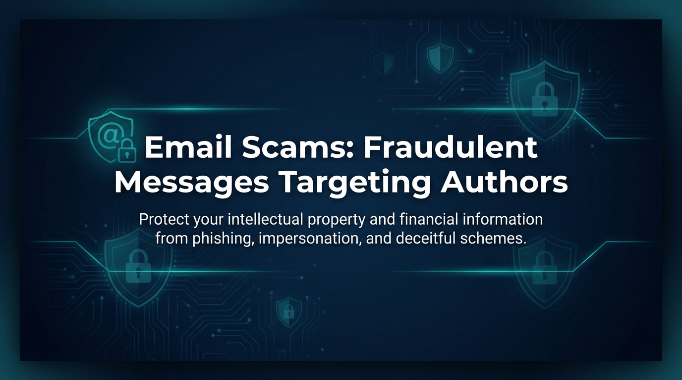 Graphic titled "Email Scams: Fraudulent Messages Targeting Authors – Protect your intellectual property and financial information from phishing, impersonation, and deceitful schemes." Navy cyber background with neon teal @-lock shield, multiple shields, and circuit lines. White text warns authors of email fraud.