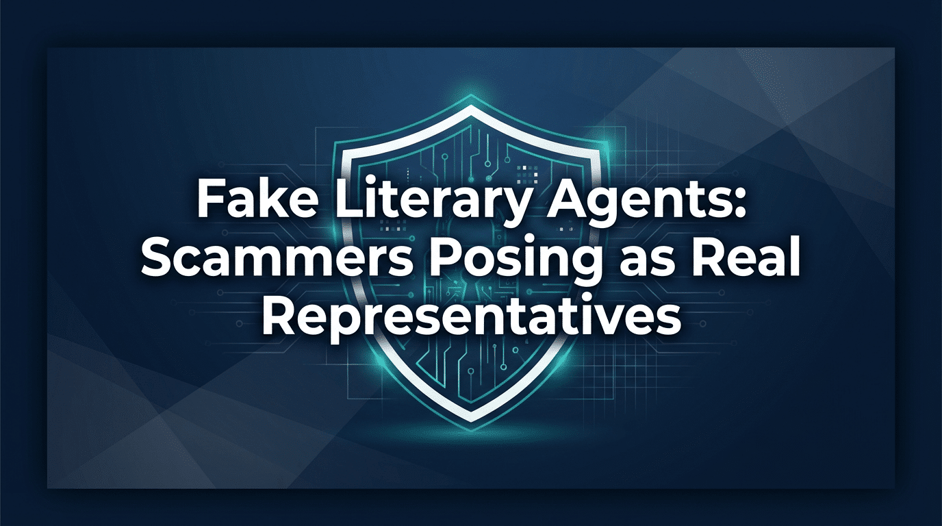 Graphic titled "Fake Literary Agents: Scammers Posing as Real Representatives." Dark navy background with framed teal cyber shield (circuit grid design) and angular teal accents. White text warns authors about impersonator agents. Publishing scam prevention visual.