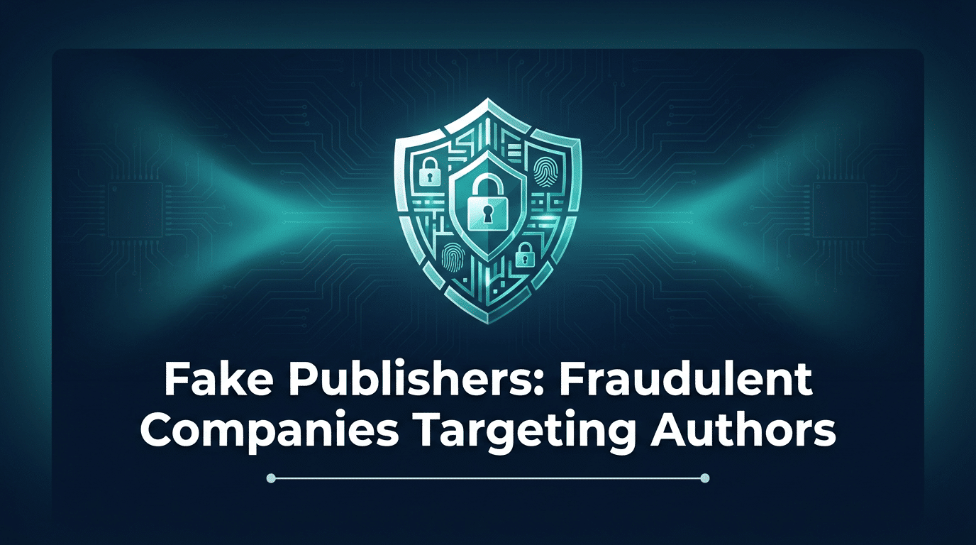 Graphic titled "Fake Publishers: Fraudulent Companies Targeting Authors." Dark navy background with radiant teal cyber shield featuring padlocks and fingerprint scanner amid glowing circuits and beams. White text with underline dots highlights scam risks for writers. Publishing fraud awareness visual.