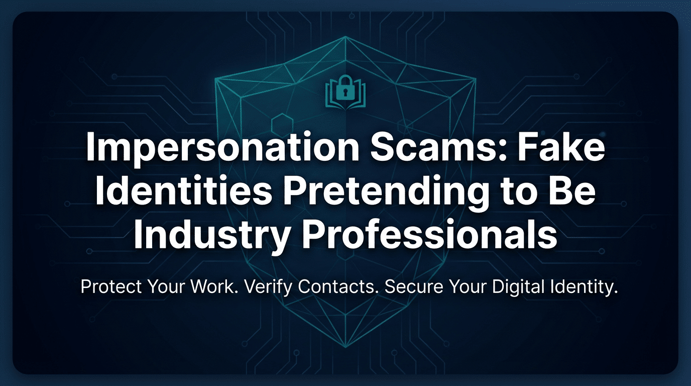 Graphic titled "Impersonation Scams: Fake Identities Pretending to Be Industry Professionals – Protect Your Work. Verify Contacts. Secure Your Digital Identity." Dark navy background with teal geometric shield (lock symbol inside) and circuit lines. White text alerts authors to fake pros in publishing. Scam awareness visual.