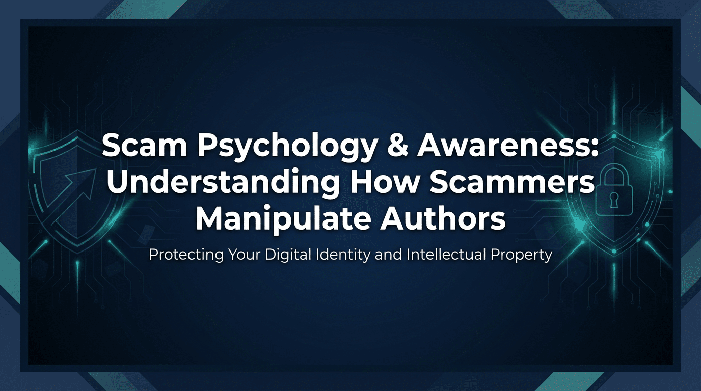 Digital graphic titled "Scam Psychology & Awareness: Understanding How Scammers Manipulate Authors – Protecting Your Digital Identity and Intellectual Property." Navy blue frame with teal cyber glows, shields, locks, and arrows on a dark background. White text highlights scam tactics targeting authors' online security and copyrights. Educational resource for writer scam prevention.