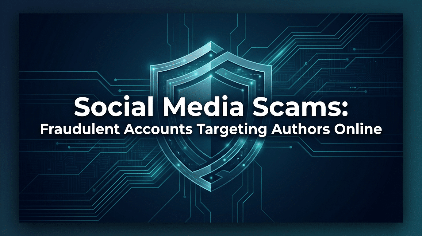 Warning graphic titled "Social Media Scams: Fraudulent Accounts Targeting Authors Online." Dark blue cyber background with glowing silver-teal shield surrounded by neon green circuits and nodes. White text highlights risks of fake social profiles for authors. Educational scam prevention visual.
